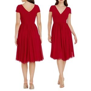 Dress the Population COREY Garnet Red Cap Sleeve Lace Fit Flare Dress Size Small